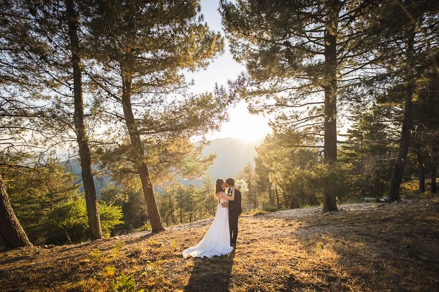 Fotografo matrimonio Catanzaro: sposi nella Sila al tramonto, tra gli alberi e la luce dorata del sole che filtra tra i rami.