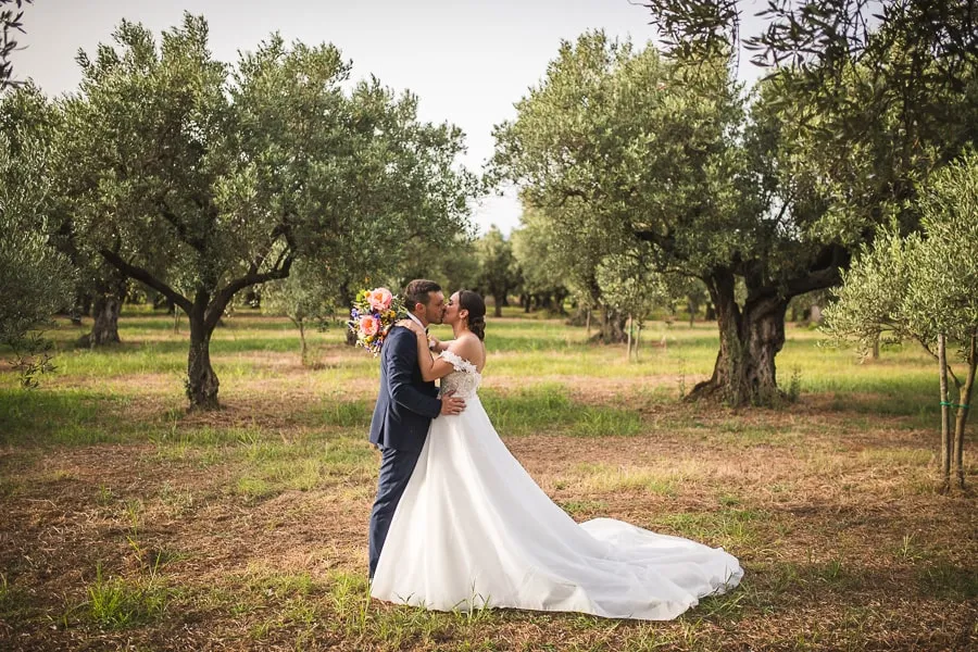 Bacio romantico degli sposi tra gli ulivi, ideale per chi desidera scegliere fotografo matrimonio Lamezia Terme con stile naturale