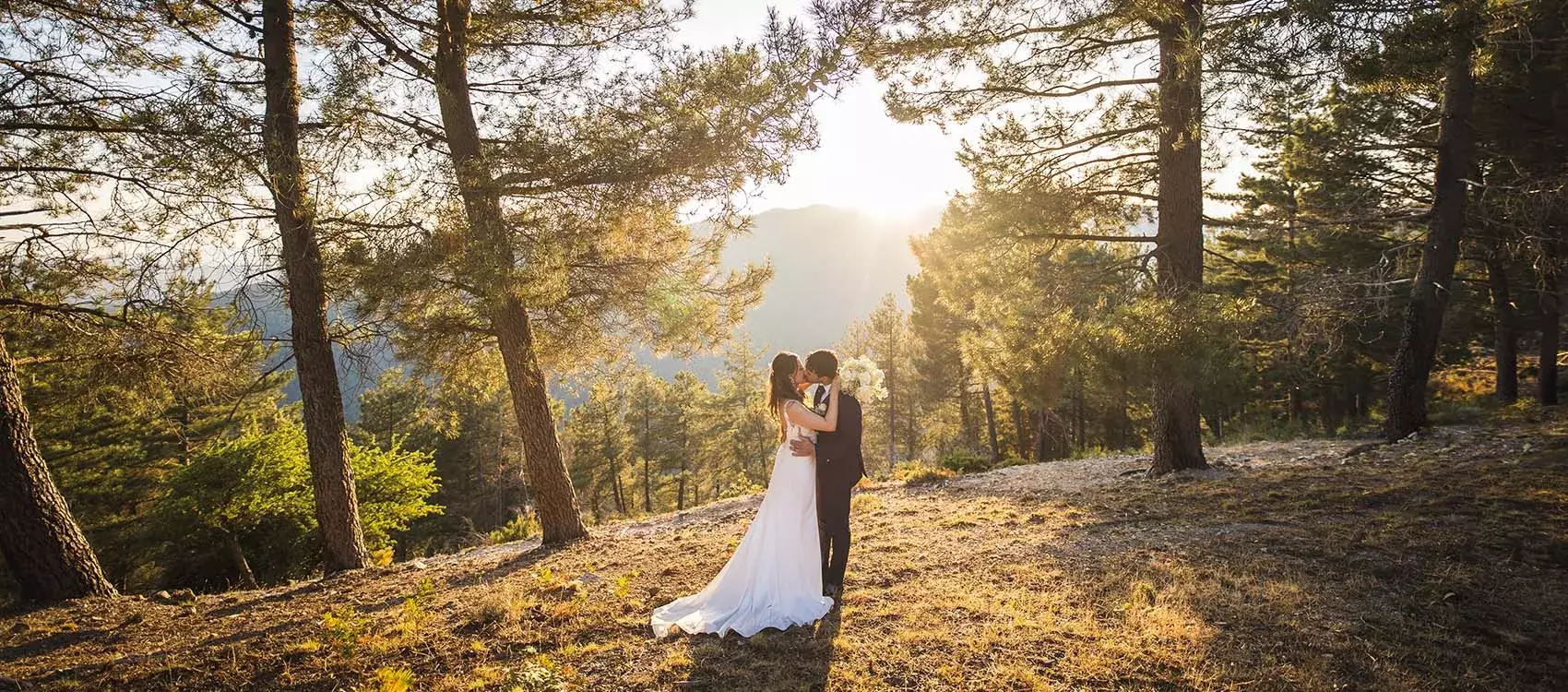 sposi che si baciano al tramonto in una pineta
